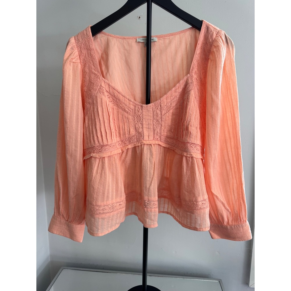 American Eagle Peach Cotton Gauze Lace Trim Babydoll Top Long Sleeve Orange Med